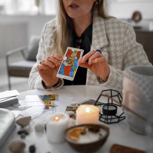 Tarot cards spread on table