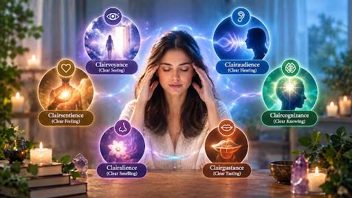 Mental mediumship illustration showing a woman meditating, surrounded by six intuitive abilities: clairvoyance, clairaudience, clairsentience, claircognizance, clairalience, and clairgustance.