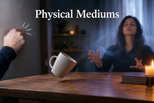 Evidential mediumship session showing a medium discussing names, shared memories, family relationships, and personality traits with a client.